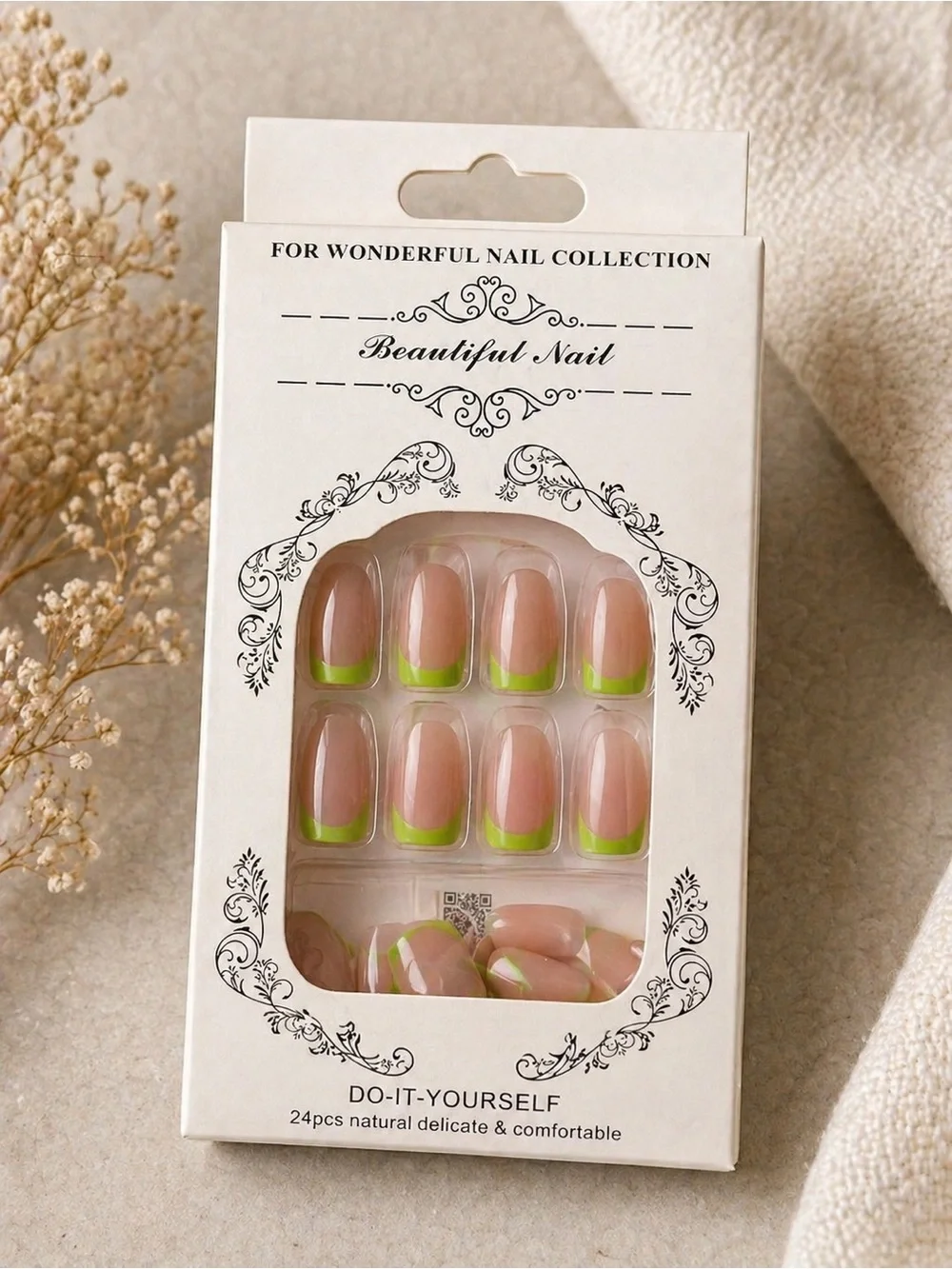 💖 Nude Pink‎ Neon Green French Tip Press On Nails New 24pc Glam Set